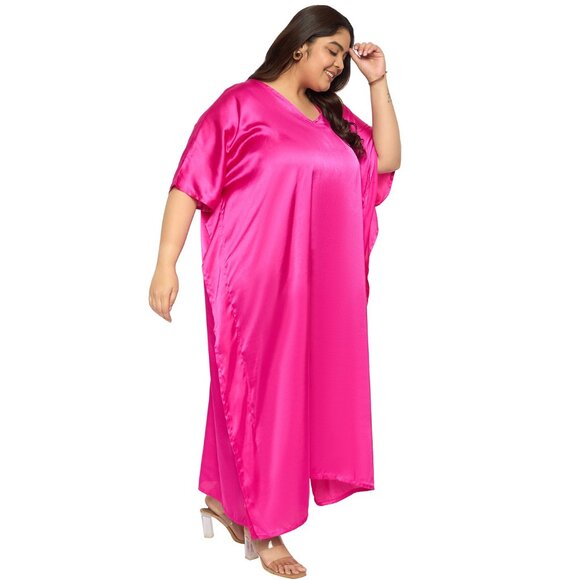 Gypsie Blu Satin Solid Pink Maxi Dress Evening Wear Nighty Caftan Dresses Gown - Picture 3 of 7